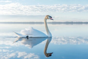 Fototapeta premium A single swan gracefully glides through the calm waters of a lake, its white plumage reflecting the blue sky and fluffy clouds.