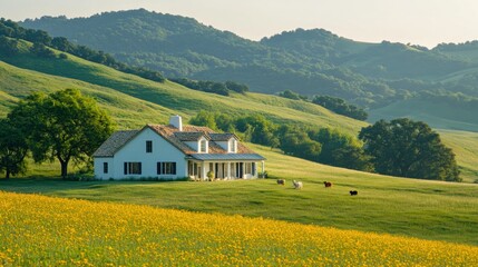 Obraz premium Serene country house in lush green valley with grazing cattle, surrounded by rolling hills