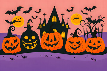 Illustration Jack o' Lantern and castle silhouette at night, perfect for Halloween greetings or special Halloween sales promotions. Sale banner concept