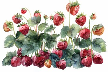 Wild forest red ripe strawberry. Wild Strawberry illustration. Wild forest strawberry. Forest Strawberry on Bush. Wild strawberry vines. Strawberry flower! Watercolor wild strawberries.