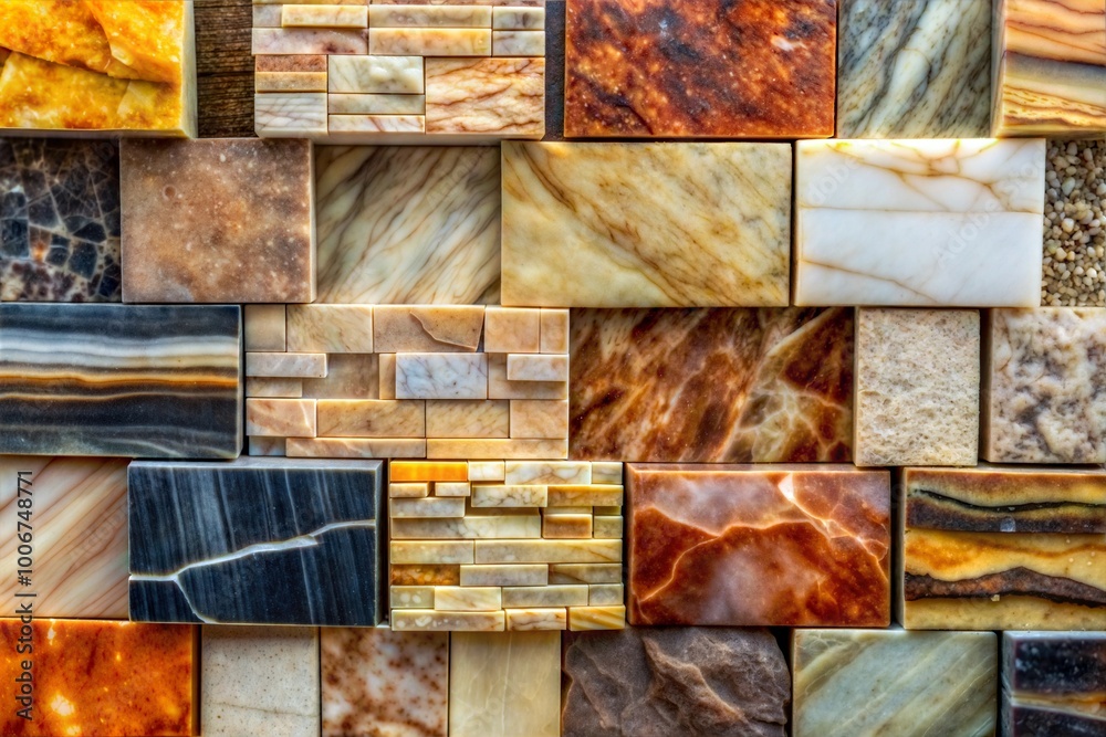 Wall mural close-up of various marble tiles with intricate patterns