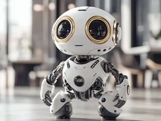 A small, white robot with gold accents sits on a table in a modern office, with large eyes and a friendly expression.