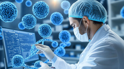 Dedicated scientist analyzing DNA sequences on advanced digital display for groundbreaking cancer research. Innovative laboratory equipment and detailed medical charts support complex genetic studies