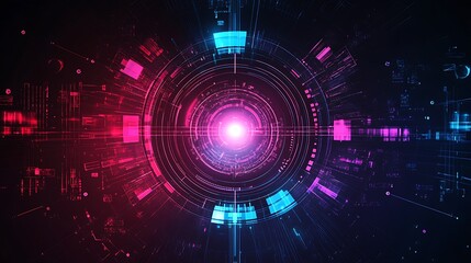 Obraz premium Abstract futuristic background with glowing lines, circles, and squares in red and blue colors.