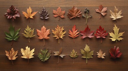 Fototapeta premium Artistic Arrangement of Autumn Leaves on Wooden Surface