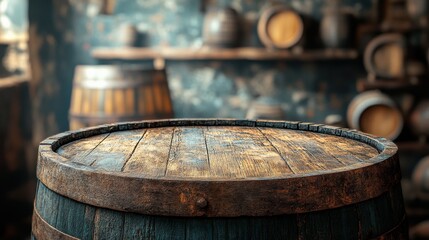 Fototapeta premium Background featuring a worn barrel and old wooden table, creating a rustic and antique atmosphere. 