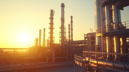 Fototapeta premium The photo captures a vast industrial refinery with tall chimneys and complex pipe networks highlighted by bright daylight, showcasing chemical production's scale and intricacy