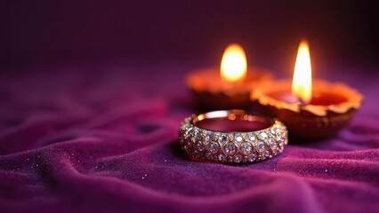 Elegant shiny diamond-studded ring placed on a luxurious plum purple velvet cloth, glowing diyas casting soft light, with a dark gradient background and ample copy space, perfect for a Happy Diwali