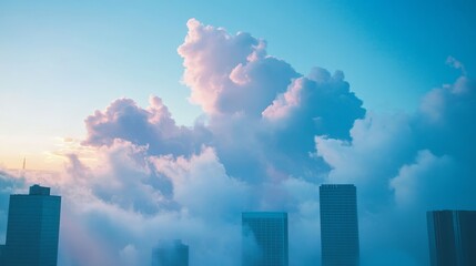 A stunning view of skyscrapers emerging through lush clouds under a clear blue sky, bathed in warm sunlight.