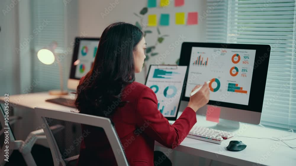 Poster Businesswoman reviewing financial data in an office setting, working with charts and graphs on a computer. Focused and determined, she analyzes information to drive business success