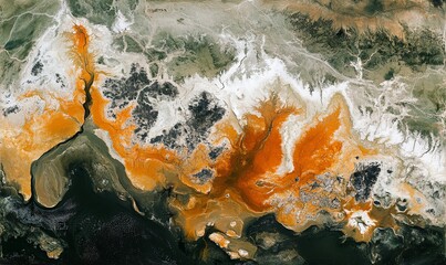 A stunning aerial view of a dry lakebed with rust-colored sediment, white salt deposits, and green vegetation.