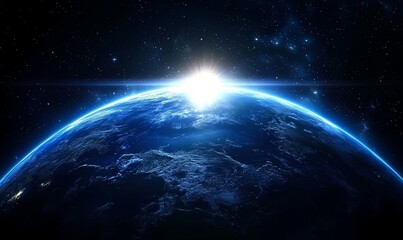 A stunning image of Earth from space, with the sun rising over the horizon. The planet is bathed in a soft blue light, with clouds swirling around it.