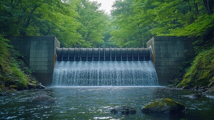 Water flowing through dam in lush forest during daytime creates serene natural landscape