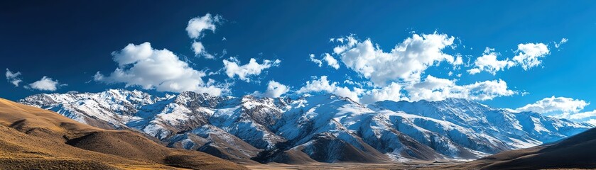 Obraz premium Snow-capped mountains rise beneath a blue sky and puffy white clouds.