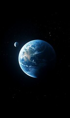 Naklejka premium A stunning view of Earth from space, showcasing the planet's blue oceans, white clouds, and continents. The moon is visible in the upper left corner.