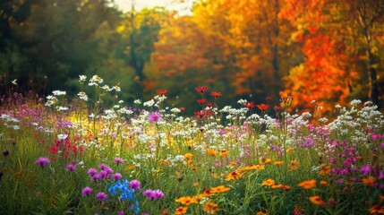 Fototapeta premium Autumn Wildflower Field with Colorful Trees