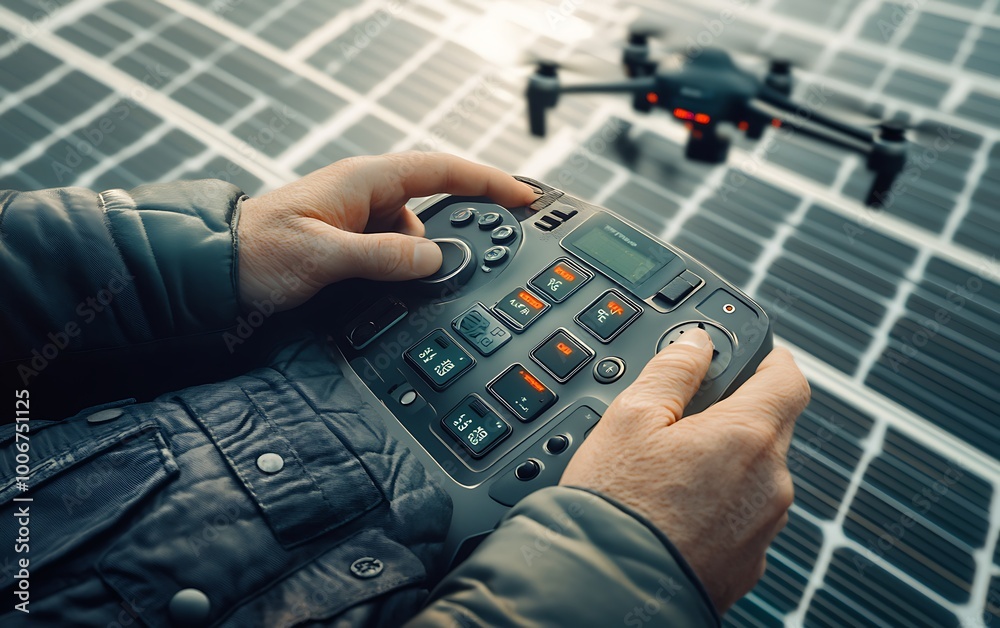 Poster engineer’s fingers operating drone controller above panels