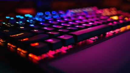 Fototapeta premium A gaming keyboard with colorful LED lights, illuminated in the dark room and casting soft shadows on its surface. 