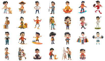 Collection of illustration of Asian man, doing different activities, isolated on transparent background, generative ai.