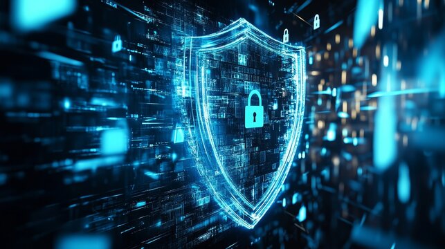A luminous shield symbolizes digital cybersecurity protection, surrounded by locks in a blue, visually striking network illustration.