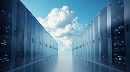 The image captures data servers lined up beneath a clear sky, symbolizing modern technology and digital connectivity.