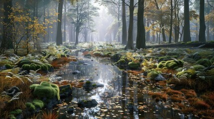 Serene Creek in a Misty Autumn Forest