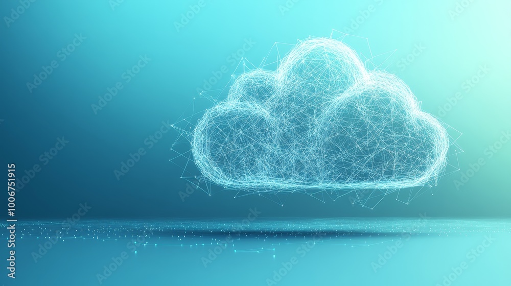 Poster a digital depiction of a cloud with a complex pattern of networks, symbolizing connectivity and comm