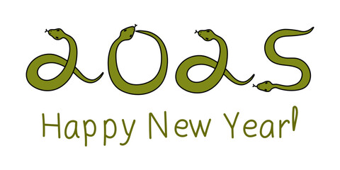Snake 2025 year symbol. Cute cartoon outline snake smiling. Adorable doodle character