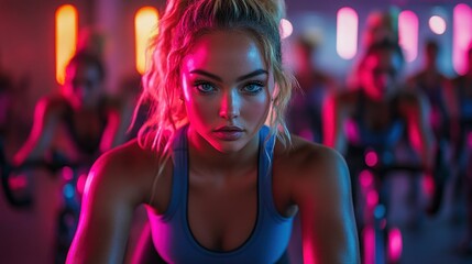 Young woman in gym cycling class focused on fitness under neon lights at night