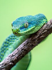 Fototapeta premium A vibrant green snake with a light blue hue, coiled around a branch, its yellow eye looking directly at the viewer.
