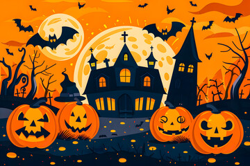 Fototapeta premium Illustration Jack o' Lantern and castle silhouette at night, perfect for Halloween greetings or special Halloween sales promotions. Sale banner concept