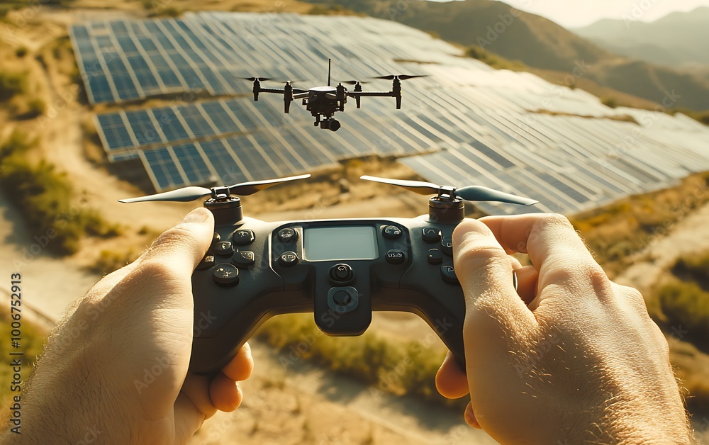 Aufkleber engineer’s fingers operating drone controller above panels