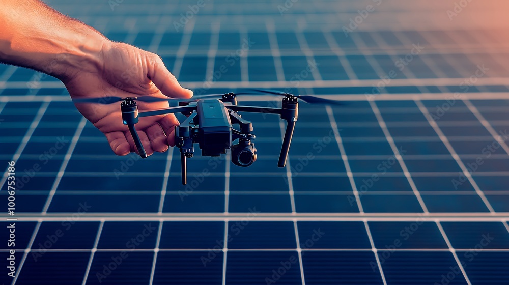 Poster engineer gripping drone controller during panel inspection