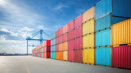Rows of multicolored containers at a harbor, showcasing the concept of global trade and logistics.