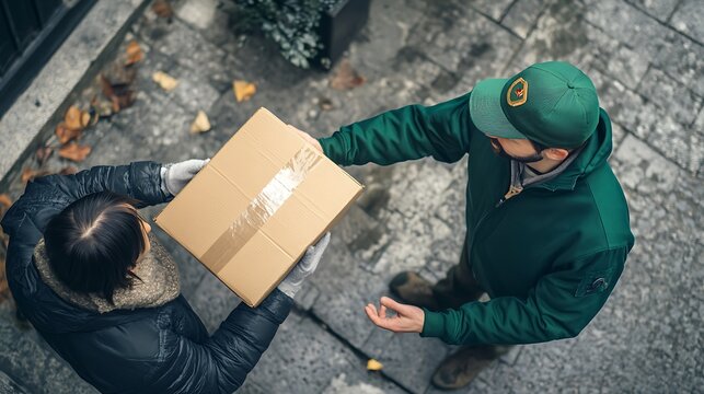 Delivery man handing package to customer, top view