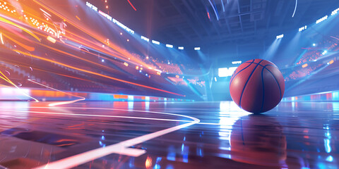 Basketball bouncing on the court,  ball on court, dribbling basketball, basketball in motion