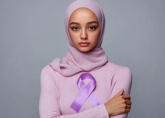 A young woman in a lavender hijab poses confidently while wearing a purple ribbon to raise awareness for a social cause, showcasing beauty and strength in a neutral setting