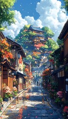 Colorful anime style cityscape with cobblestone streets and flowers
