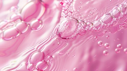 Bubbles rising in vibrant pink liquid create a mesmerizing display of textures and reflections in a tranquil, abstract composition captured in soft focus