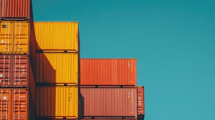 Fototapeta premium Stacked containers against a clear blue sky, perfect for showcasing logistics and shipping services.