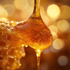 Golden honey dripping from a honeycomb.