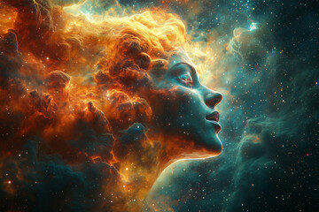 woman as the goddess of the universe, spirit silhouette on galaxy space background