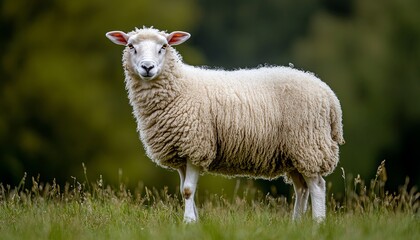 Obraz premium A white sheep stands in a field of green grass, looking directly at the camera.