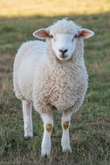 Obraz premium A white sheep with a soft, fluffy coat stands in a field of green grass, looking directly at the camera.