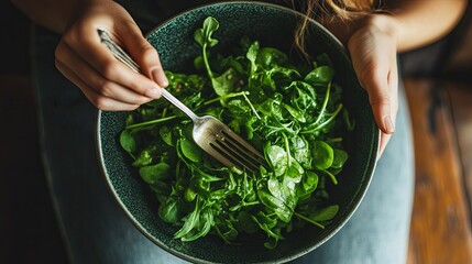 Obraz premium woman eating green salad, healhty food