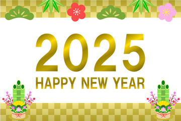 金色の市松模様背景に松竹梅と門松がある年賀状テンプレート素材