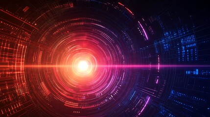 Fototapeta premium Abstract digital background with red, orange, and blue glowing lines forming a circle with a bright white light in the center.