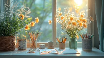 A calm, minimalist desk bathed in morning light, perfect for journaling.