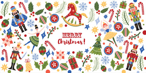 Nutcracker. Cute Christmas vector banner. 