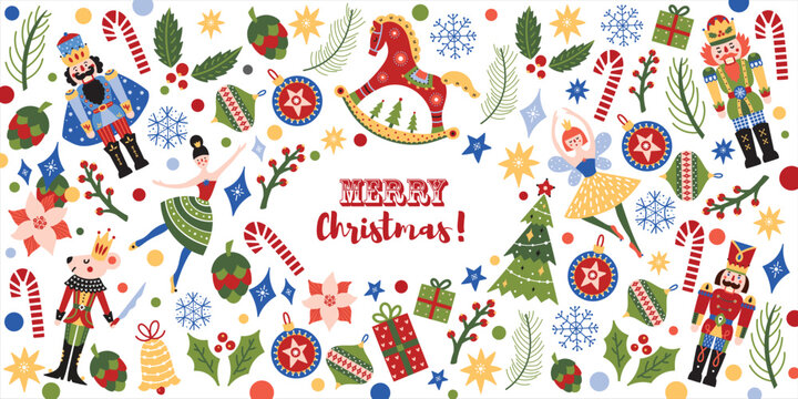 Nutcracker. Cute Christmas vector banner. 